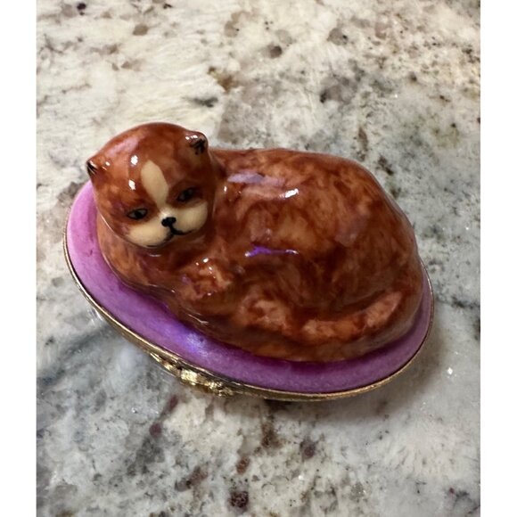 VTG Limoges ND Peint Main Hand-Painted Porcelain Trinket Box Sienna Cat signed - Picture 5 of 16